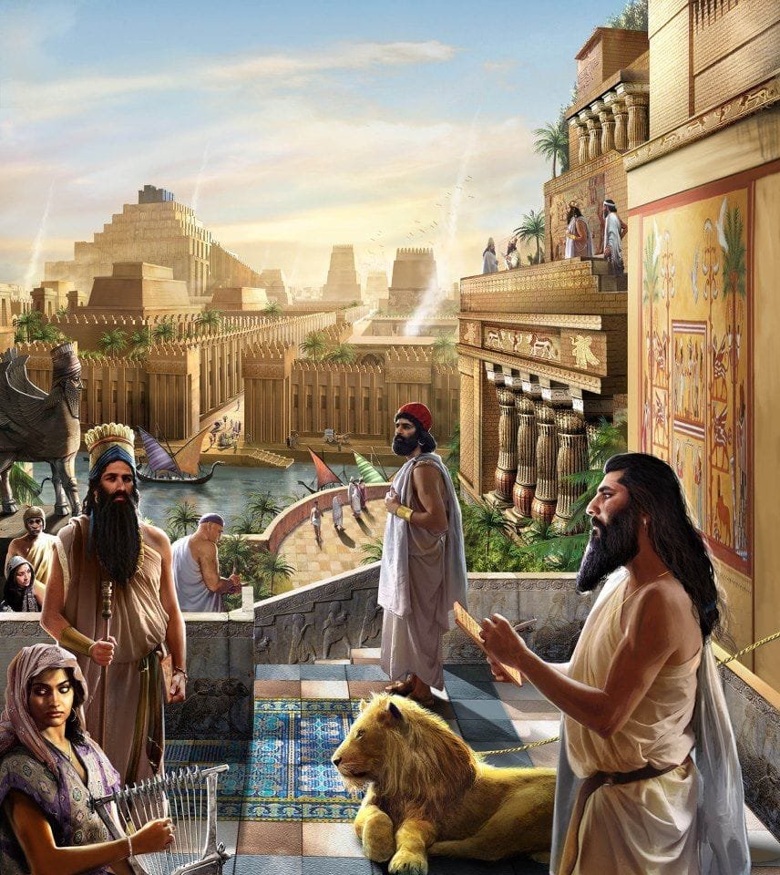 Menschen und Zikkurat im Alten Babylon